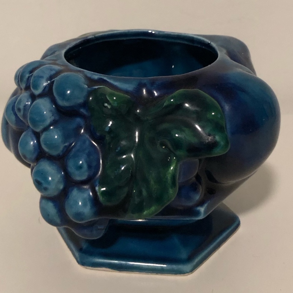 Vintage Inarco Mood Indigo Blue Sugar Bowl Ceramic Grape with Green Leaf Accent